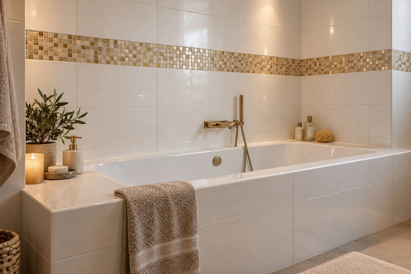 Frise de mosaïque beige et dorée insérée dans un carrelage mural blanc au-dessus d'une baignoire