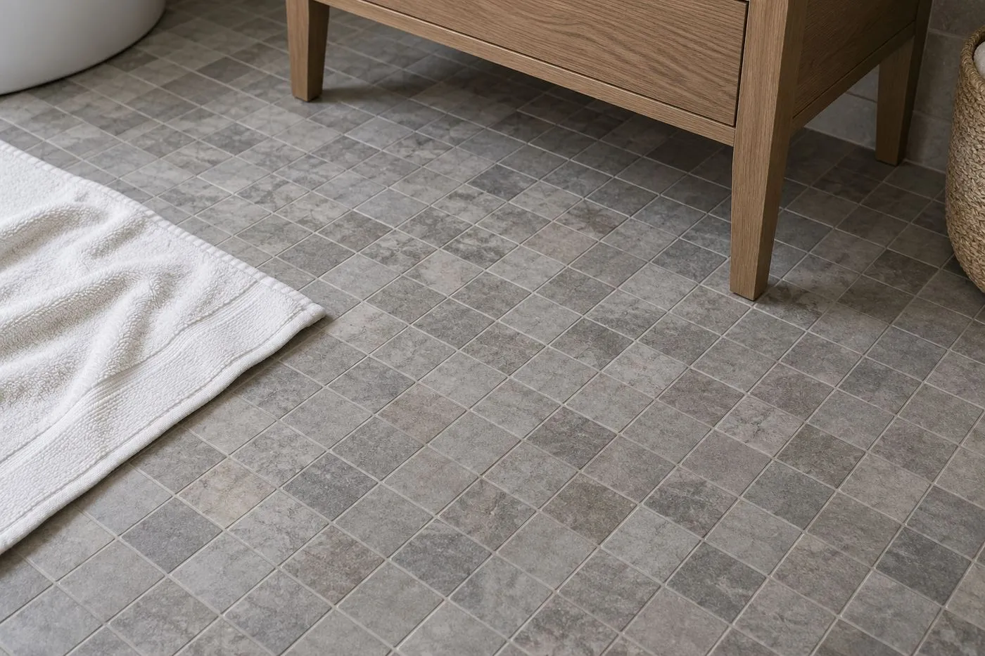 Sol de salle de bain en mosaïque de grès cérame mat imitation pierre grise