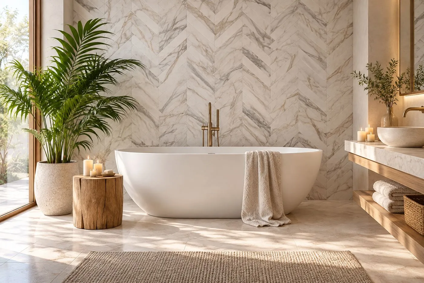 Mur de salle de bain en mosaïque de marbre blanc veiné de gris, éclairé par la lumière naturelle