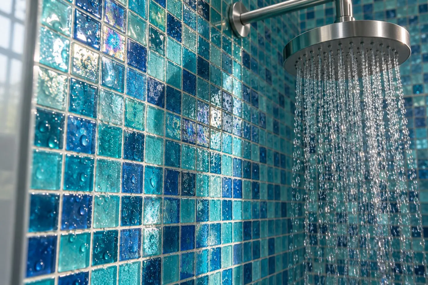 Mur de douche en mosaïque de pâte de verre turquoise aux reflets brillants