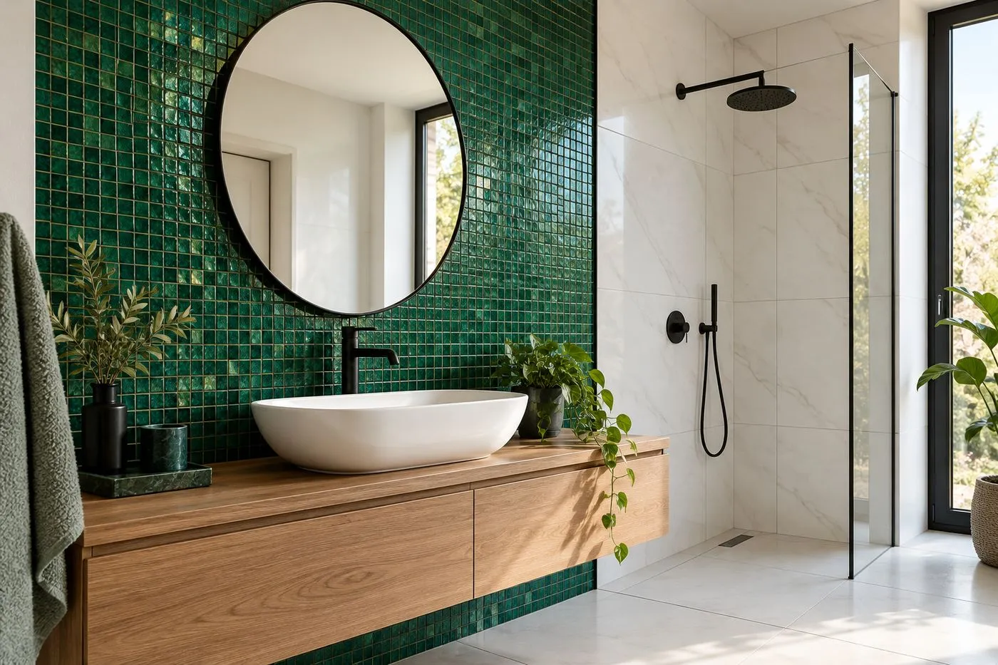 Mur d'accent en mosaïque vert émeraude derrière une vasque, entouré de carrelage blanc grand format