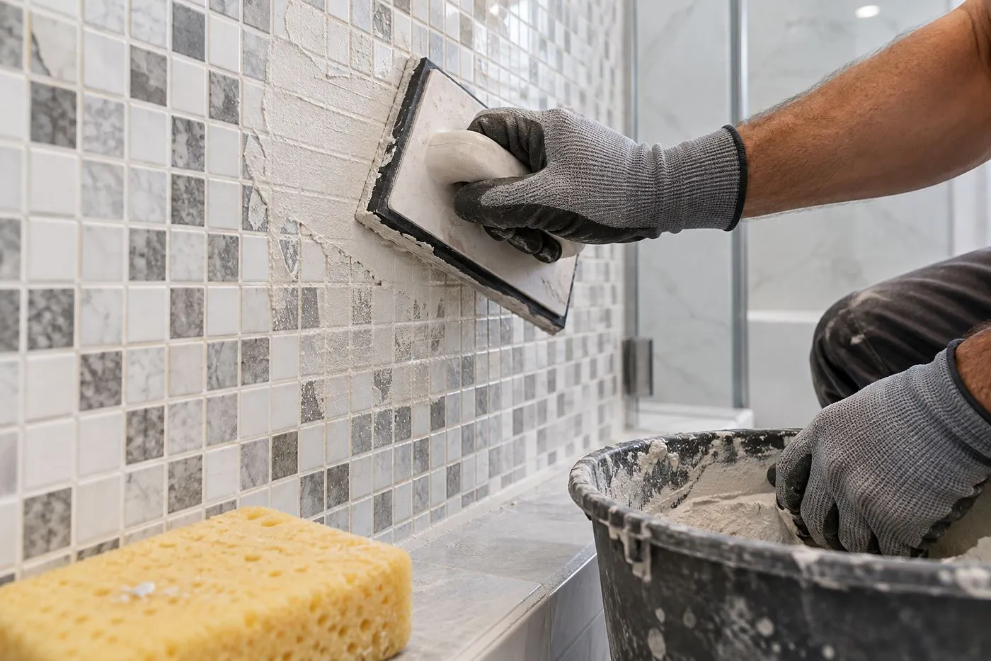 Carreleur réalisant les joints d'une mosaïque murale avec une taloche en caoutchouc