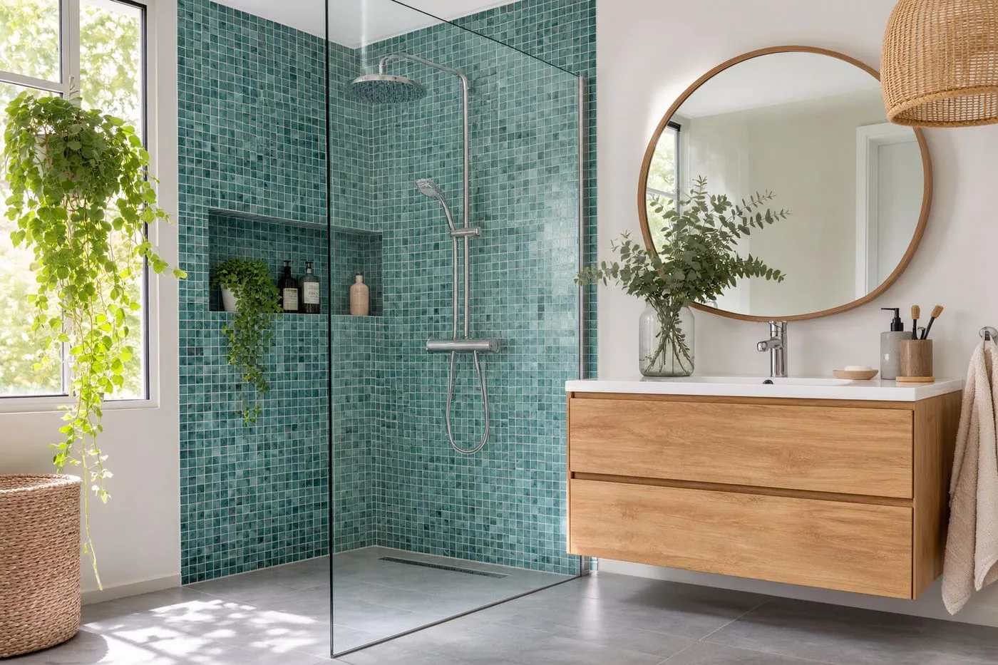 Salle de bain moderne avec un mur de douche en mosaïque bleu-vert et un meuble vasque en bois