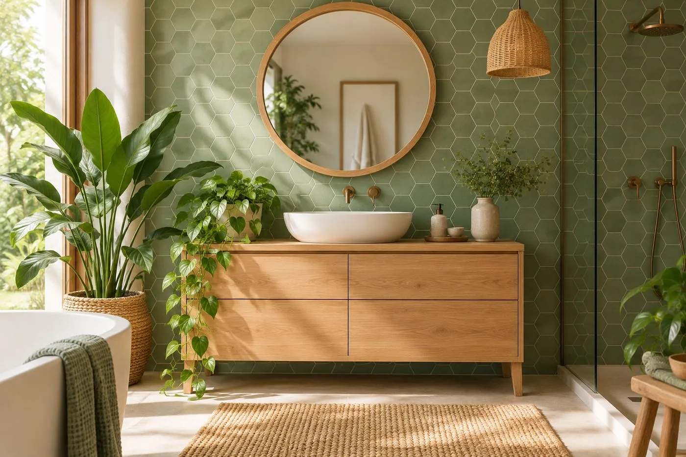 Salle de bain zen avec une mosaïque hexagonale vert sauge et un meuble vasque en bois clair