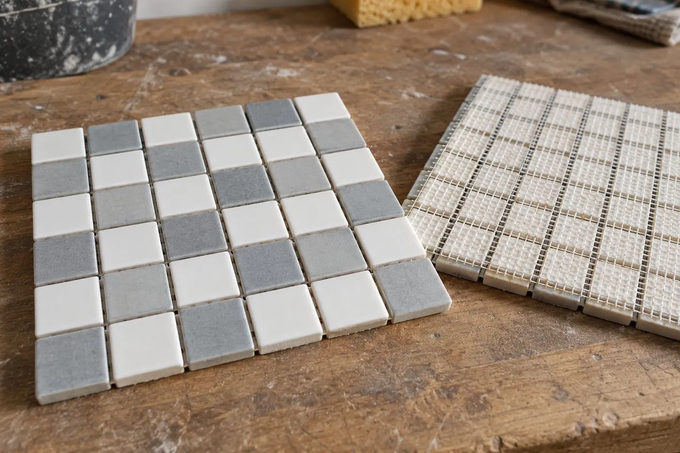 Plaque de mosaïque carrée vue de dos, avec ses petites tesselles collées sur une trame en fibre