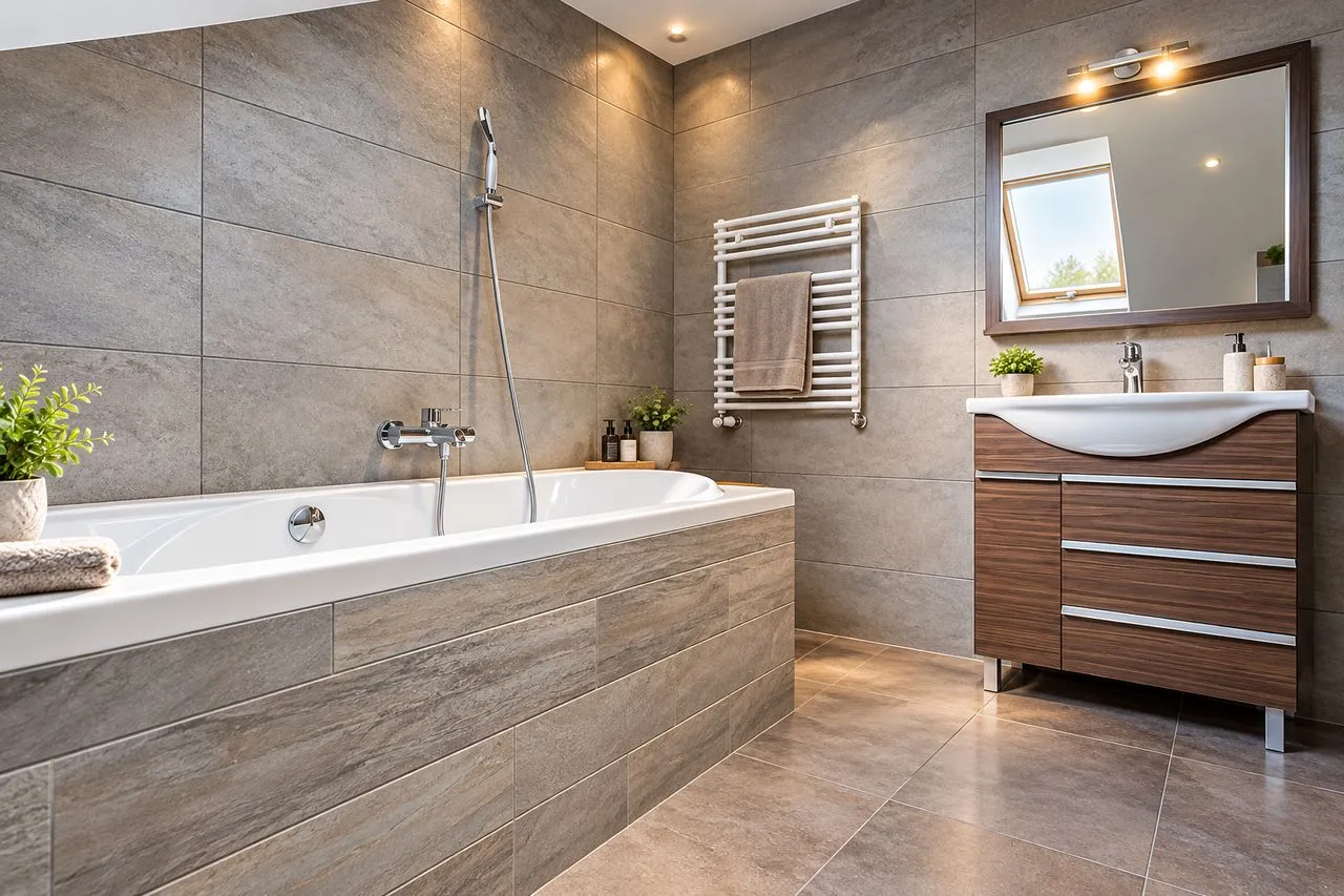 Salle de bain moderne carrelée en grès gris au sol, aux murs et sur le tablier de la baignoire