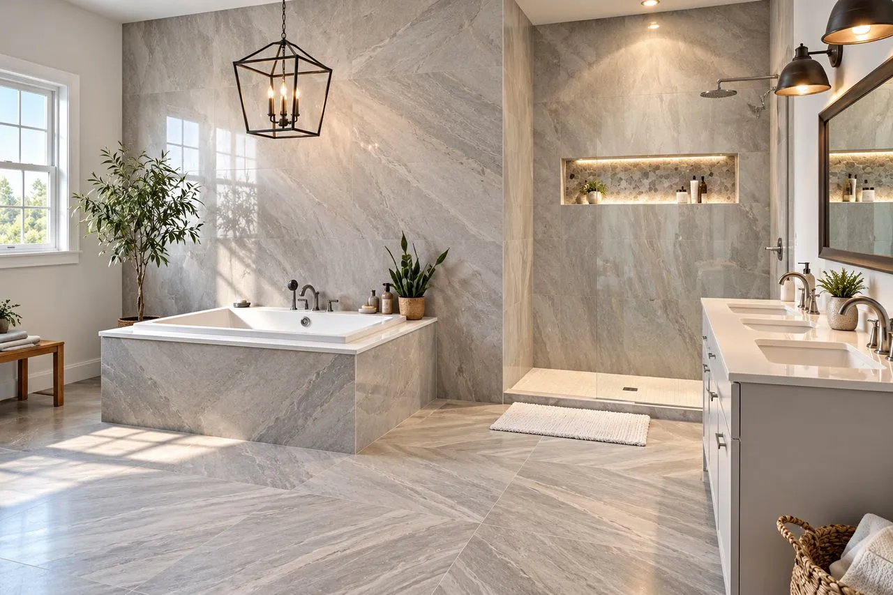 Salle de bain habillée de carreaux grand format effet marbre gris au sol et aux murs
