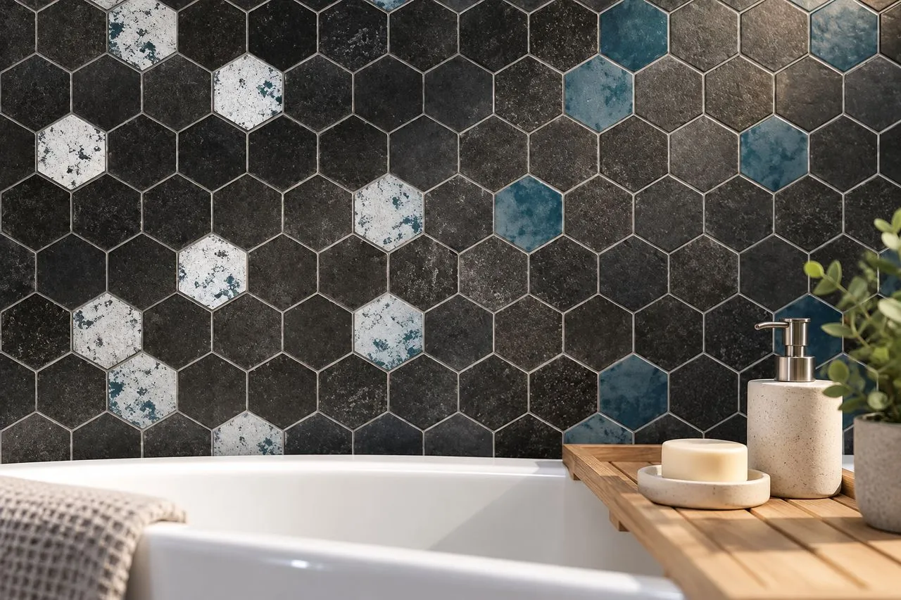 Mur de salle de bain en faïence hexagonale noire ponctuée de carreaux bleus et blancs